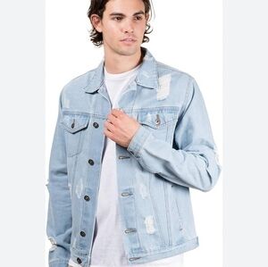 Brooklyn Denim Distressed Jacket Men Sz M Blue Long Sleeve ButtonUp Jean…
